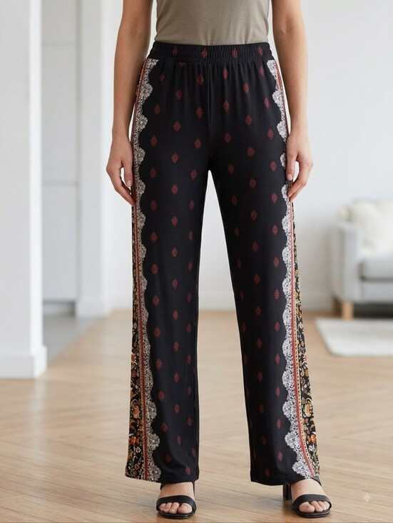 Susan Graver Pants - Susan Graver Black Wide-Leg Printed Pants with Rust Motifs